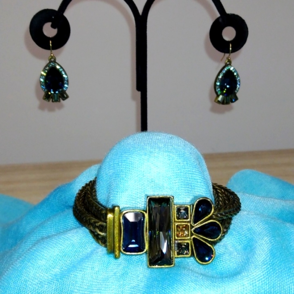 Silpada KR brass bracelet with Swarovski crystals and matching earrings vintage